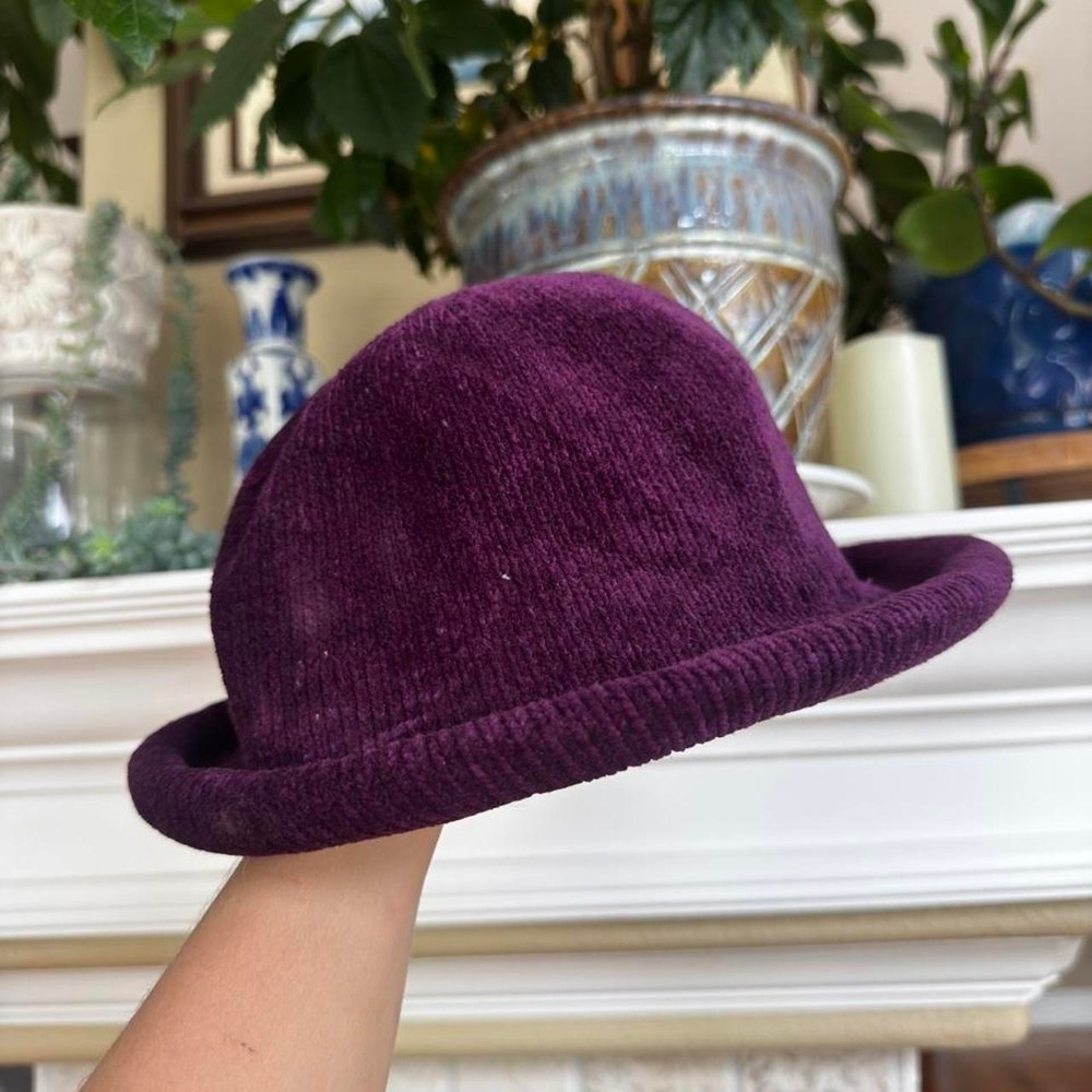 Vintage 90s Deep purple chenille velvet bucket bowler hat rolled brim